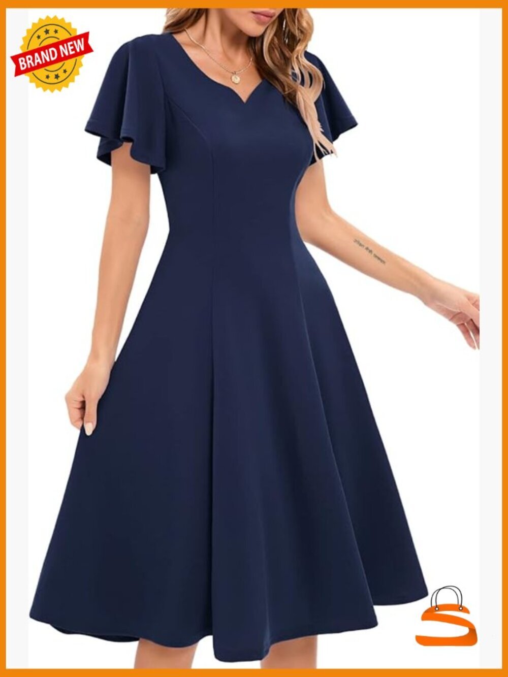 Vintage Fit & Flare Midi Dress with Flutter Sleeves V-Neck Wedding Guest